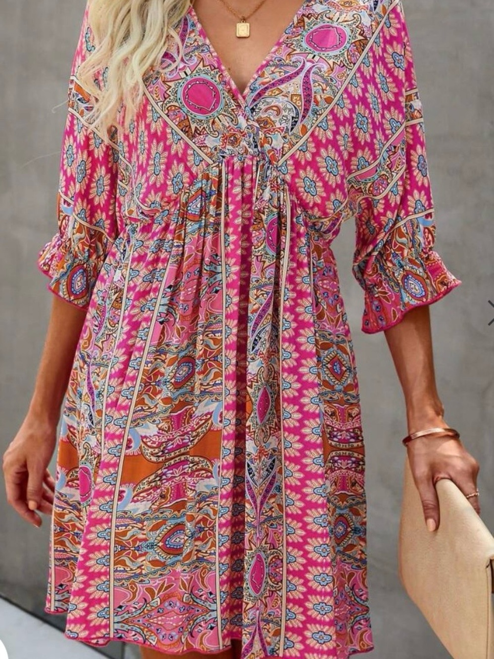 Boutique Boho Coral Pink Paisley V-Neck Dress